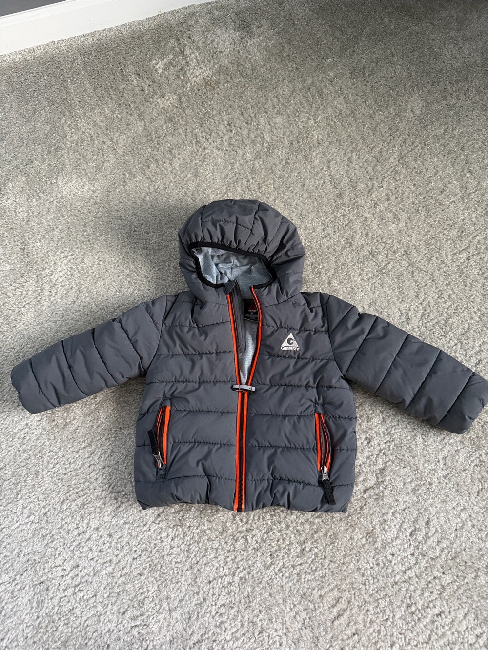 Gerry- Costco brand Gray Puffer Jacket with Orange Zippers and Hood